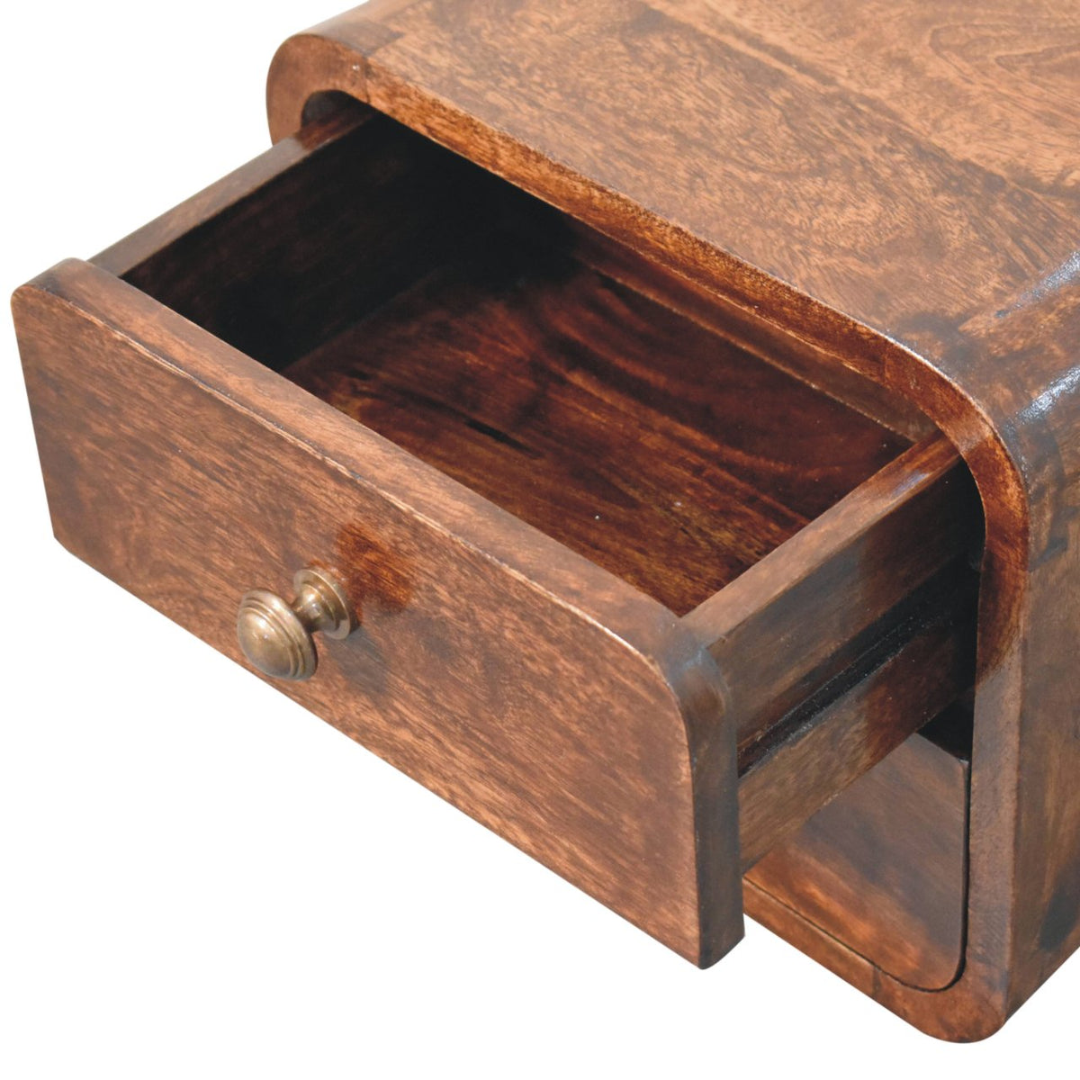 Mini Floating 2-Drawer Solid Mango Wood Nightstand – California Walnut Finish
