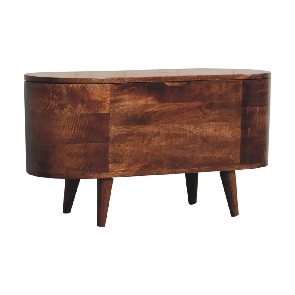 Rounded Solid Mango Wood Lift-Up Blanket Chest – Honey Caramel Finish