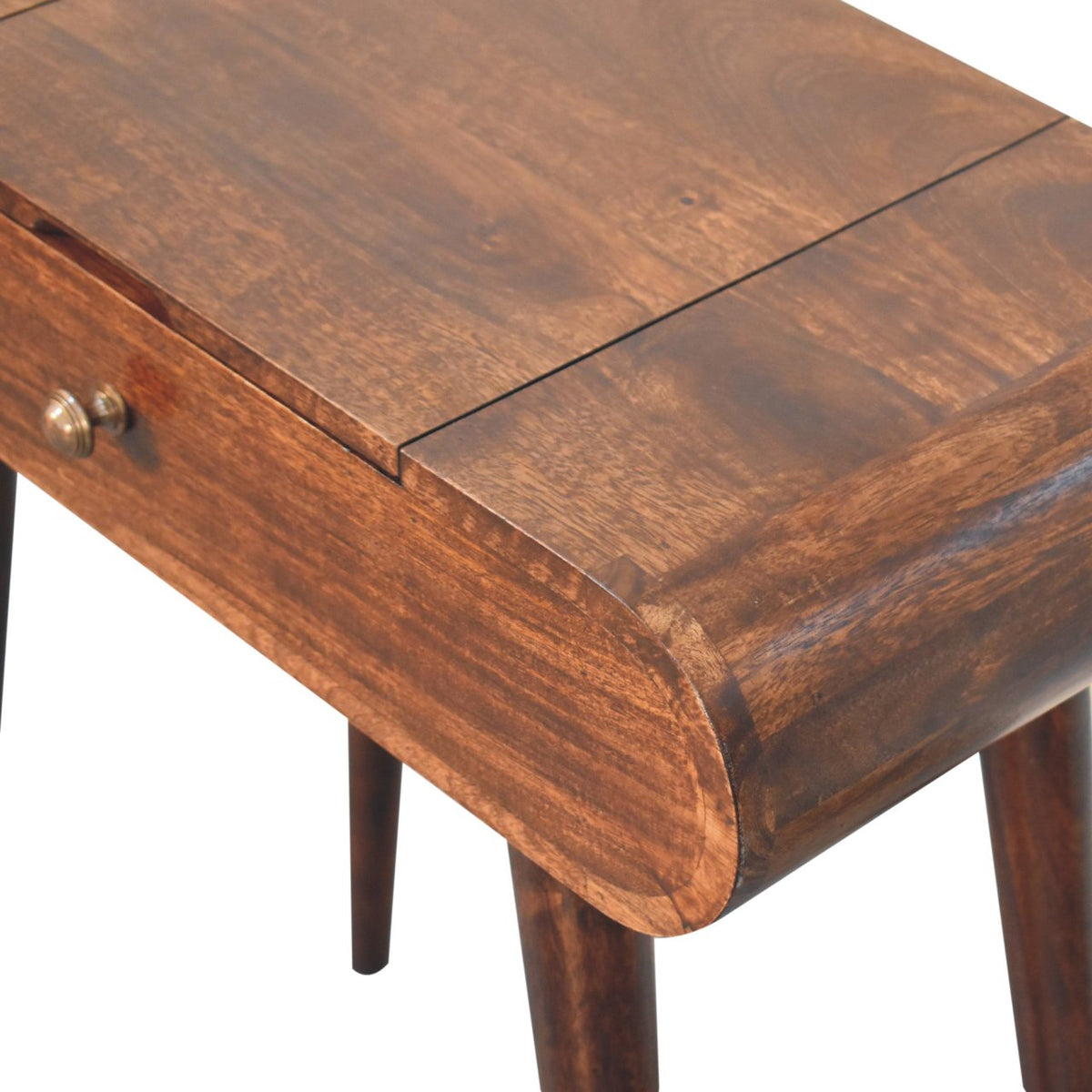Mini Solid Mango Wood Dressing Table with Foldable Mirror – California Walnut Finish