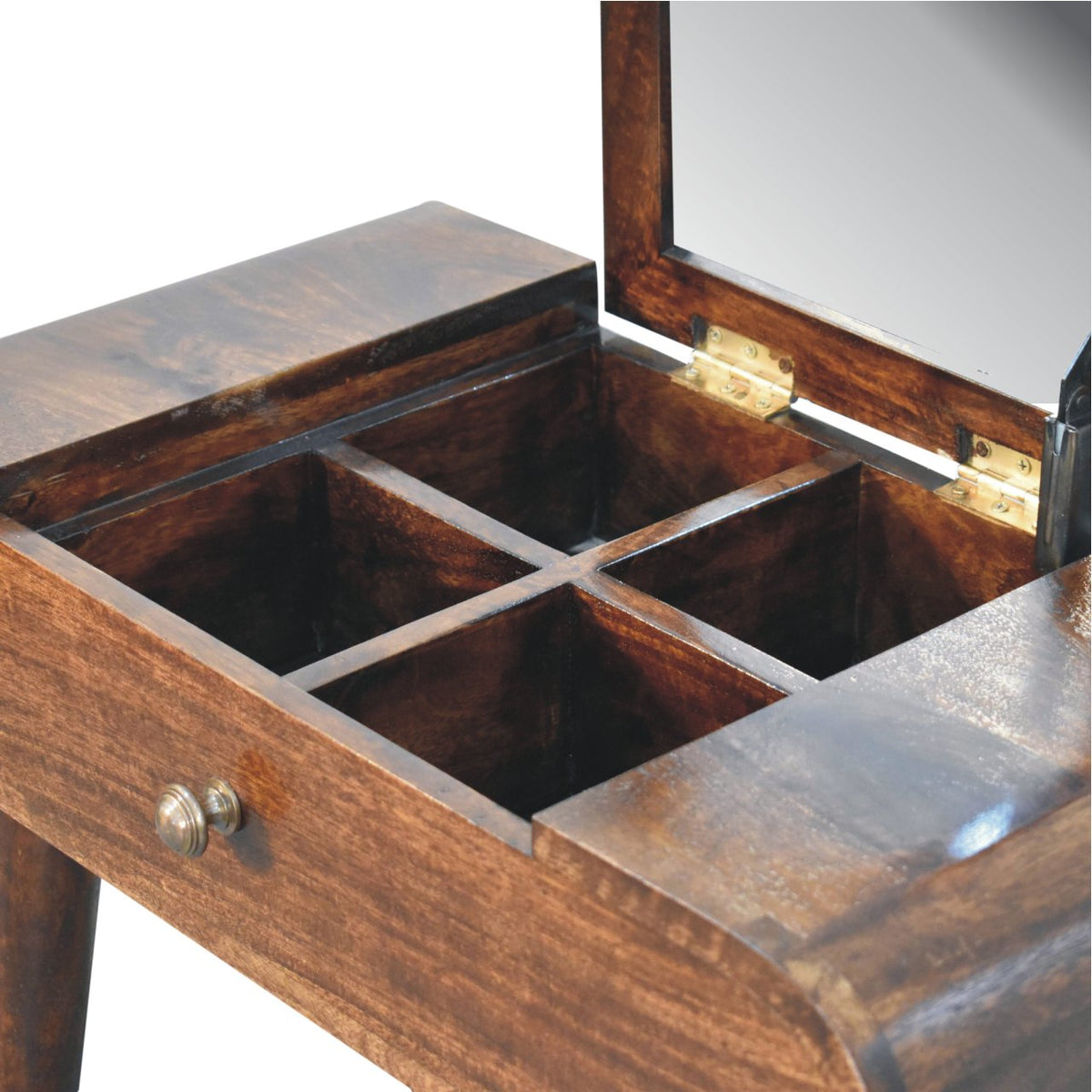 Mini Solid Mango Wood Dressing Table with Foldable Mirror – California Walnut Finish