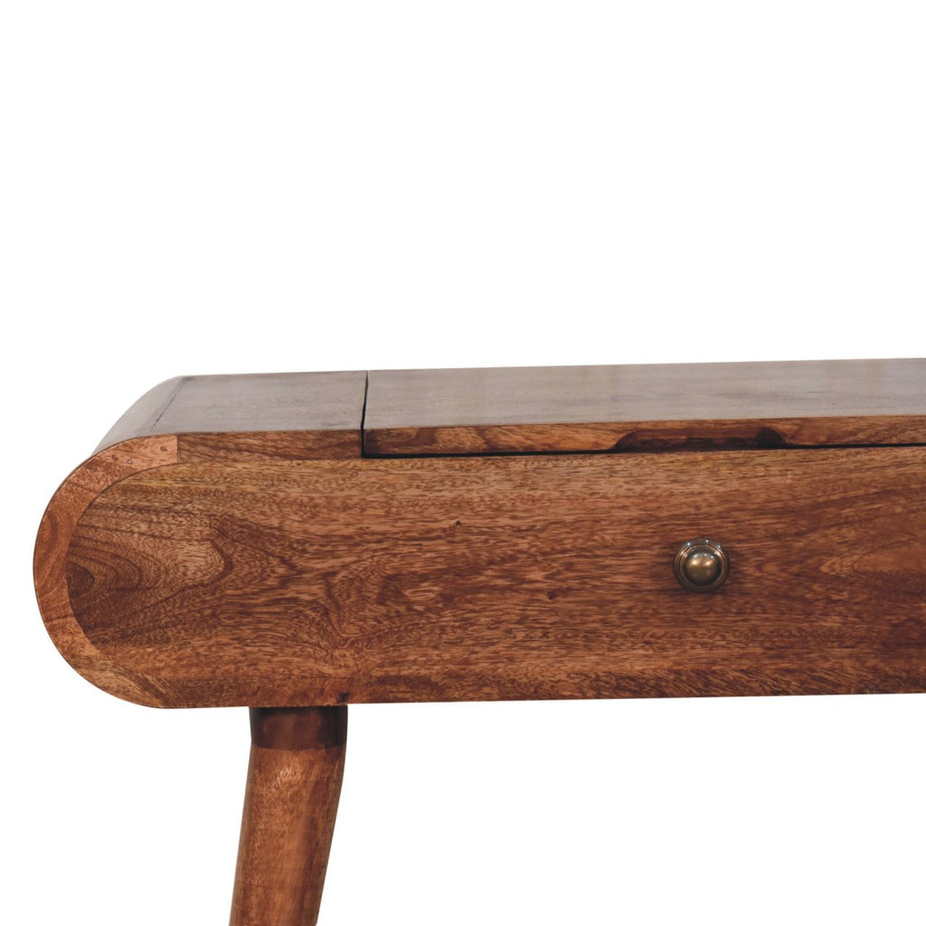 Mini Solid Mango Wood Dressing Table with Foldable Mirror – Honey Caramel Finish