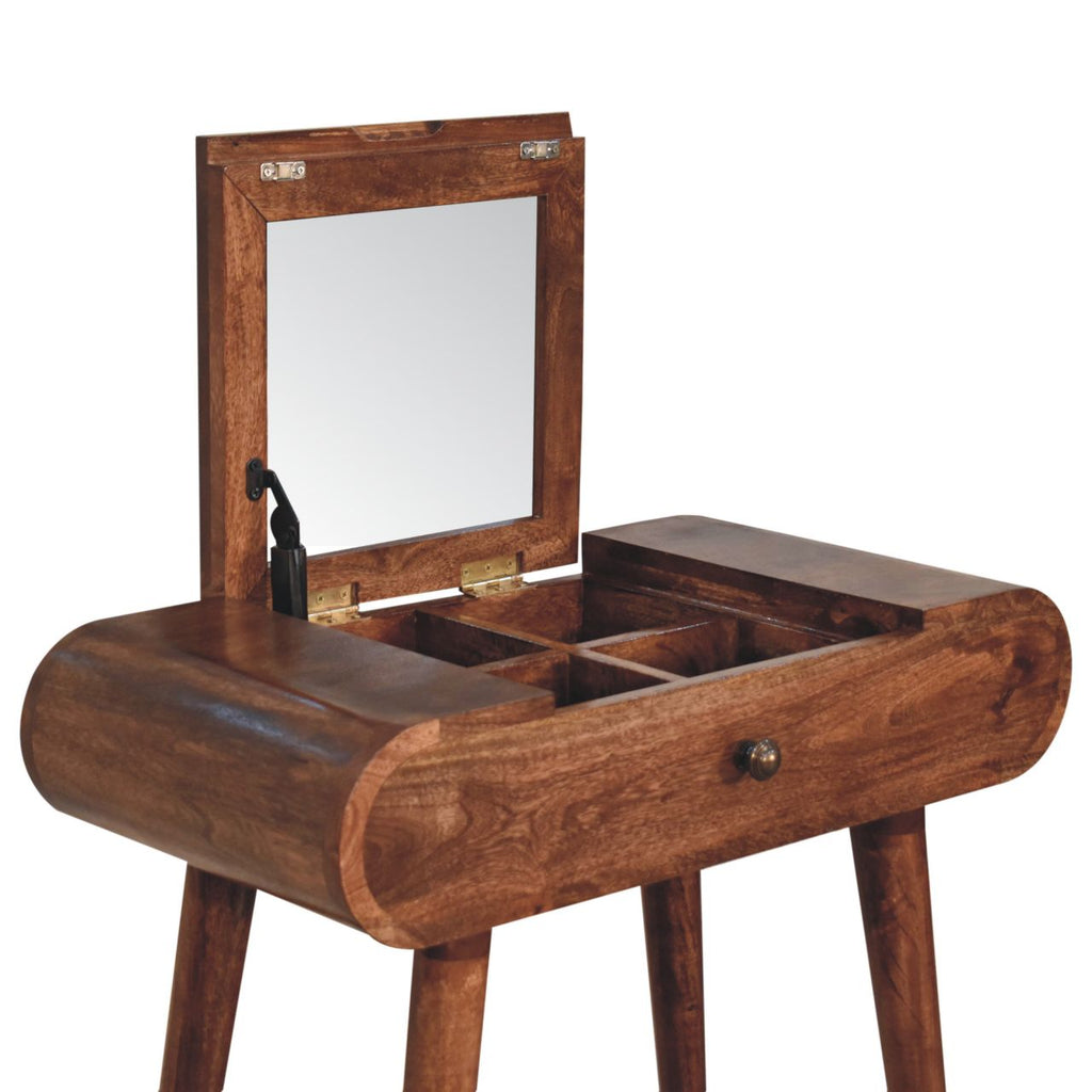 Mini Solid Mango Wood Dressing Table with Foldable Mirror – Honey Caramel Finish