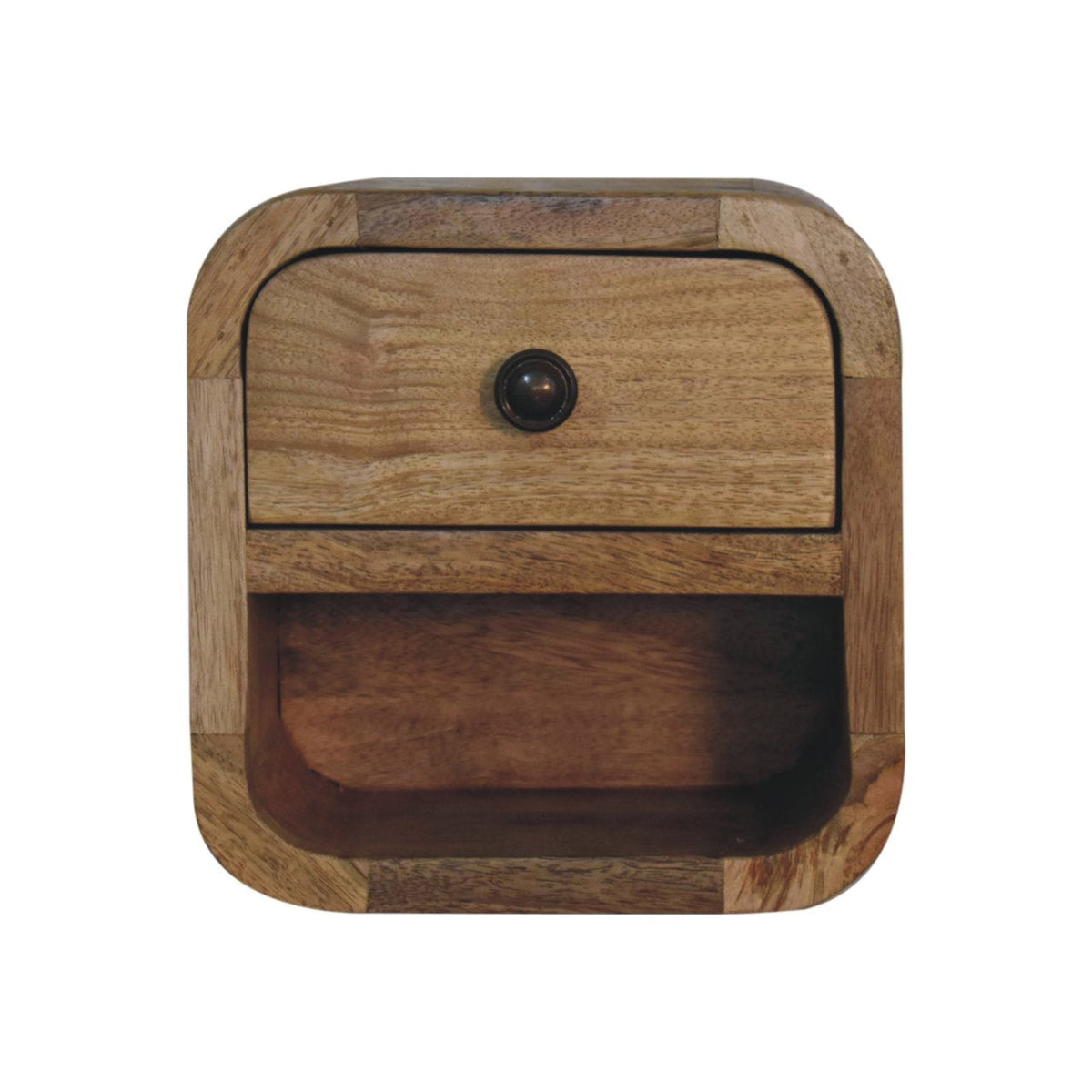 Extra Mini Curved Solid Mango Wood Bedside Table with Open Slot – Oak-Ish Finish