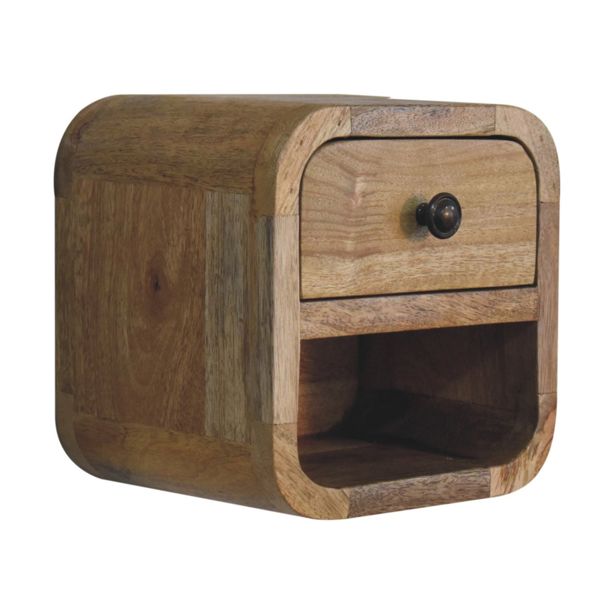 Extra Mini Curved Solid Mango Wood Bedside Table with Open Slot – Oak-Ish Finish