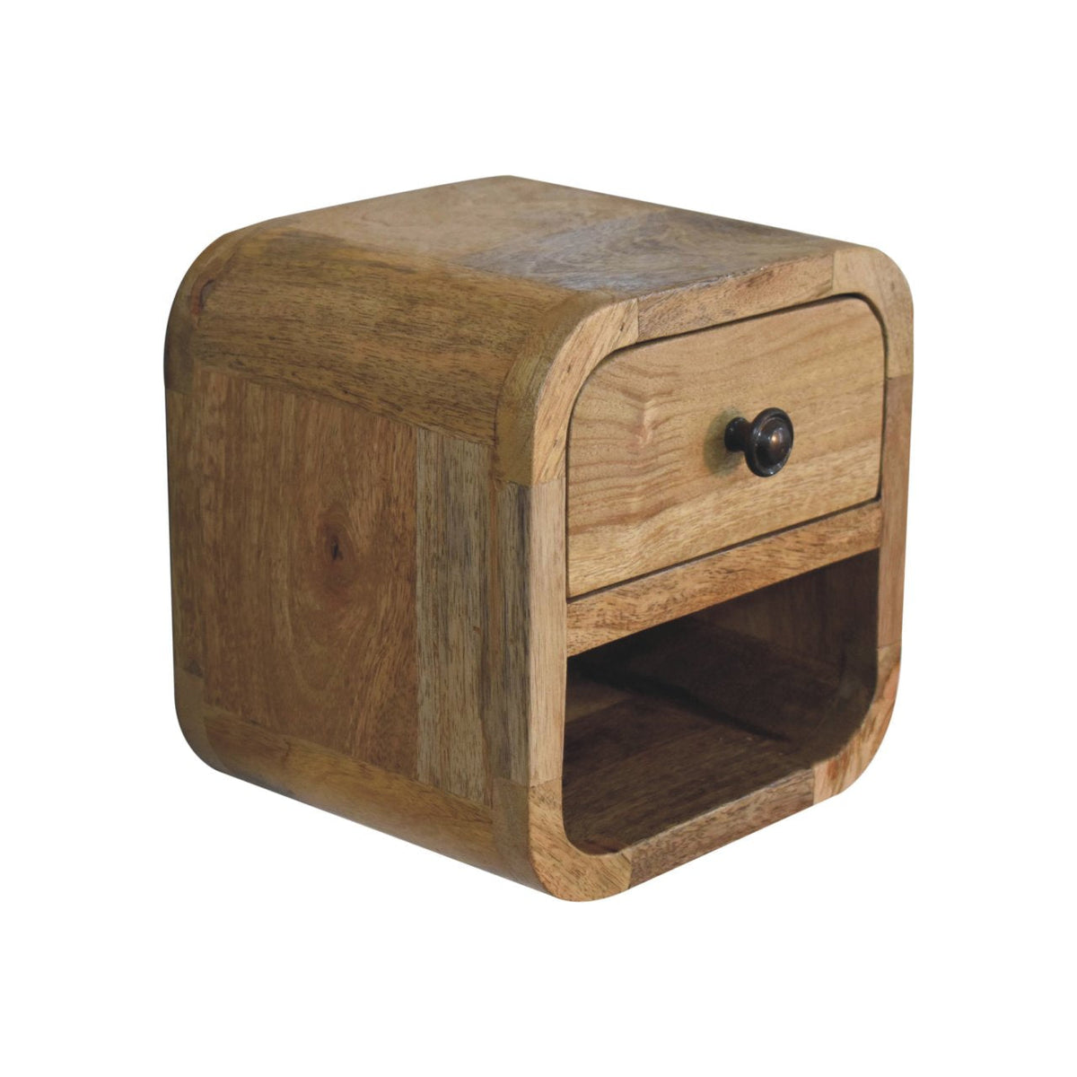 Extra Mini Curved Solid Mango Wood Bedside Table with Open Slot – Oak-Ish Finish