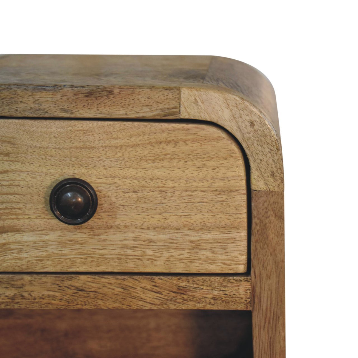 Extra Mini Curved Solid Mango Wood Bedside Table with Open Slot – Oak-Ish Finish