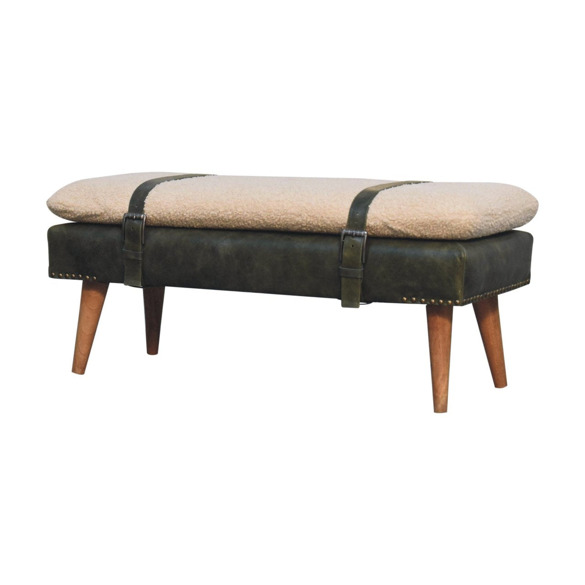 Bouclé Buffalo Hide Olive Green Leather Bench – Oak-Ish Finish