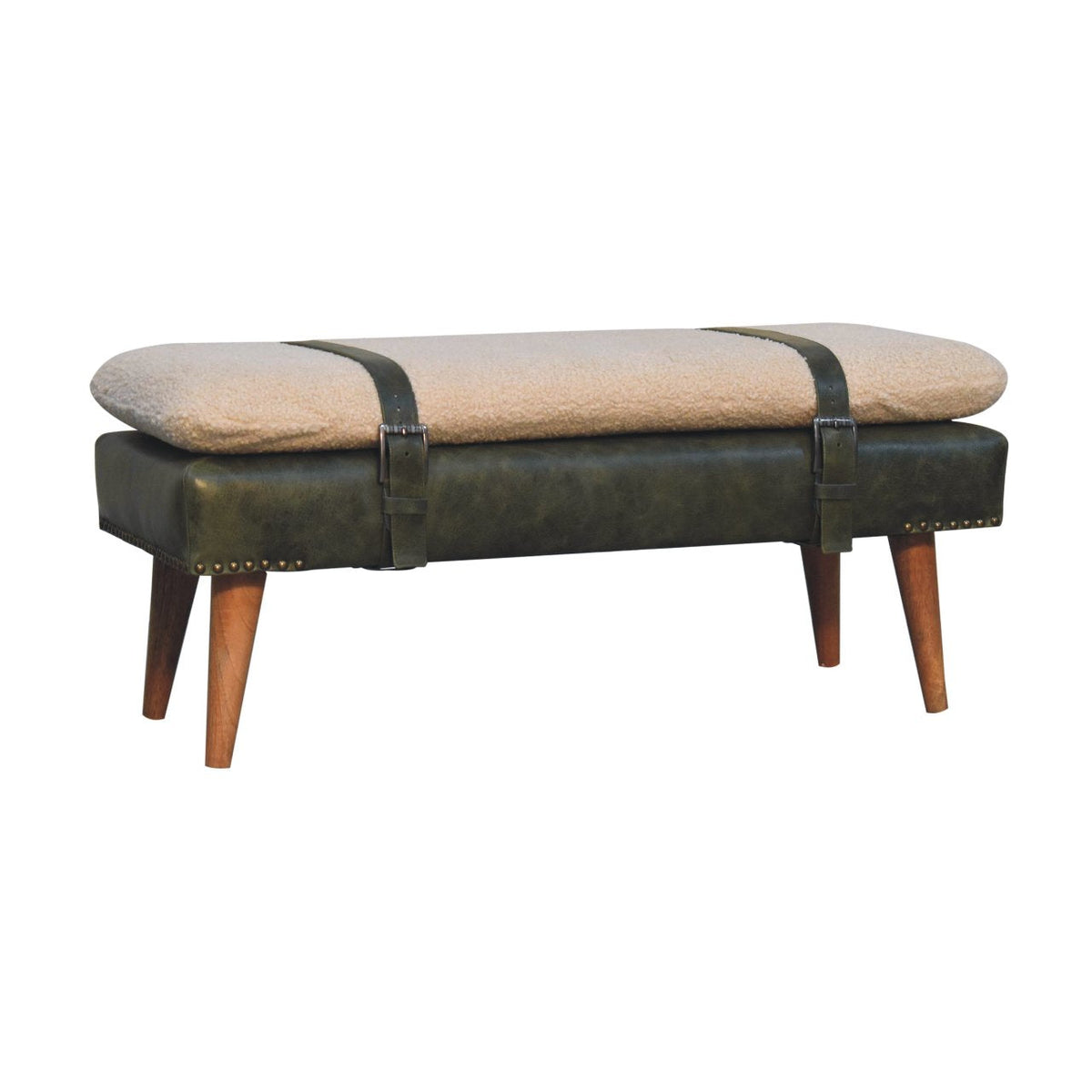 Bouclé Buffalo Hide Olive Green Leather Bench – Oak-Ish Finish