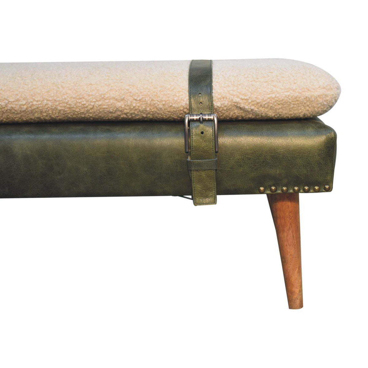 Bouclé Buffalo Hide Olive Green Leather Bench – Oak-Ish Finish