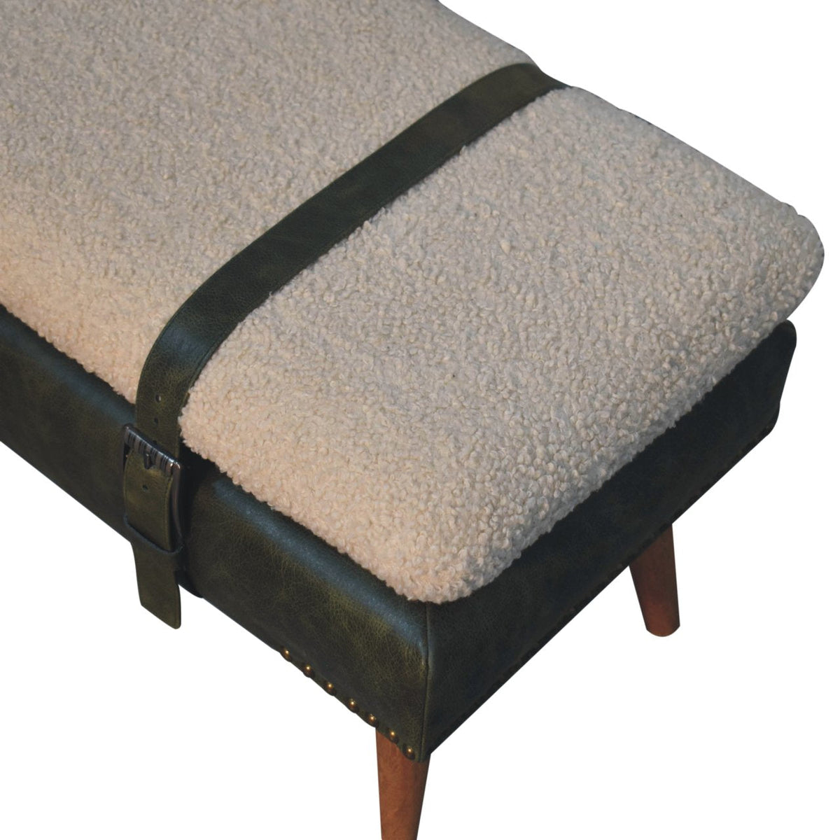 Bouclé Buffalo Hide Olive Green Leather Bench – Oak-Ish Finish