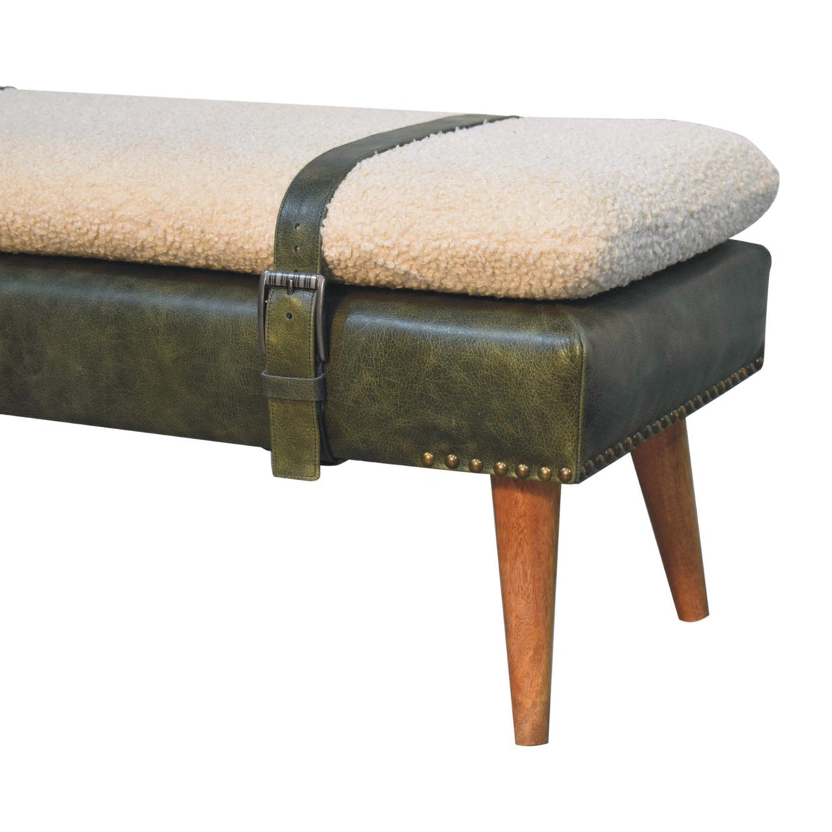 Bouclé Buffalo Hide Olive Green Leather Bench – Oak-Ish Finish