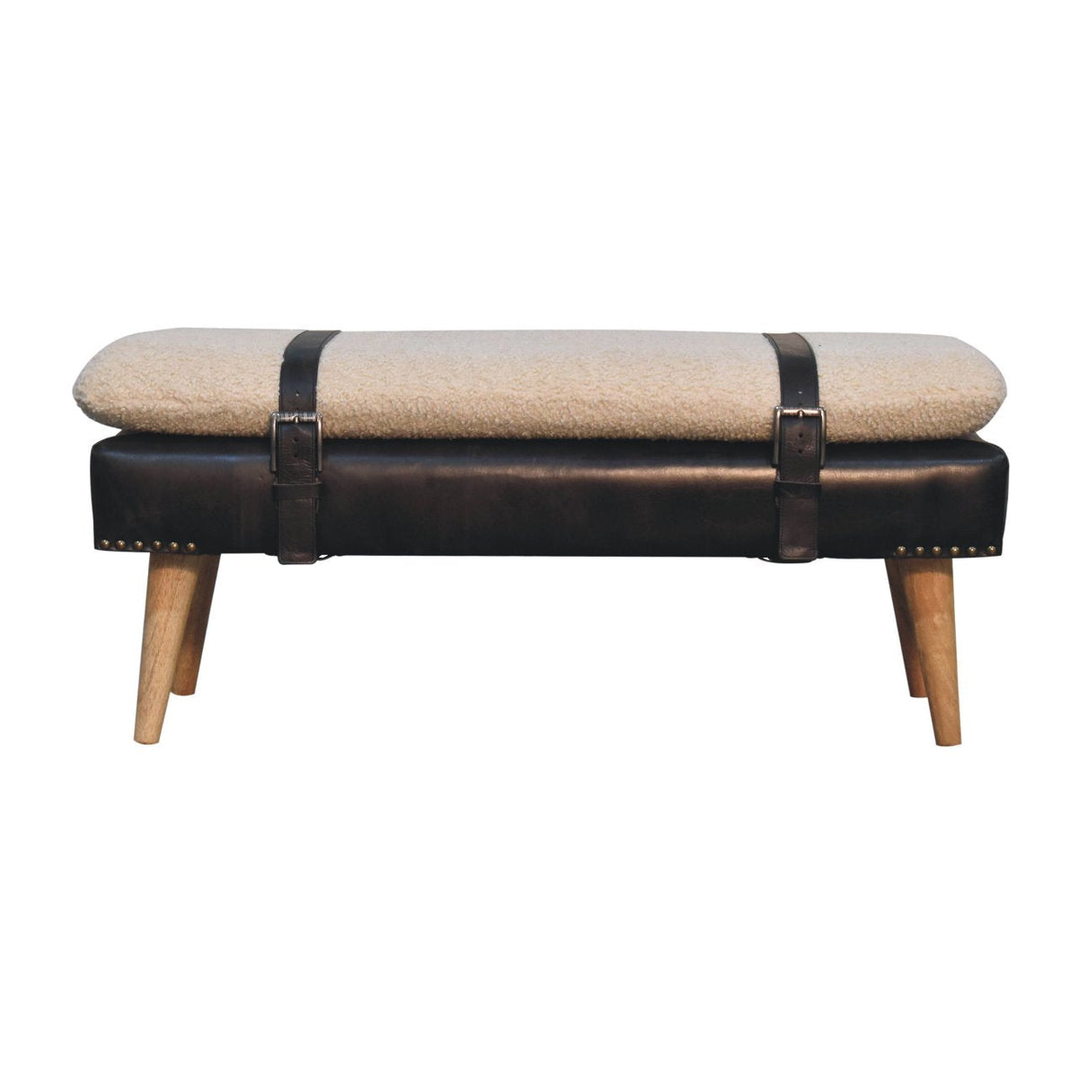 Bouclé Buffalo Hide Black Leather Bench – Oak-Ish Finish