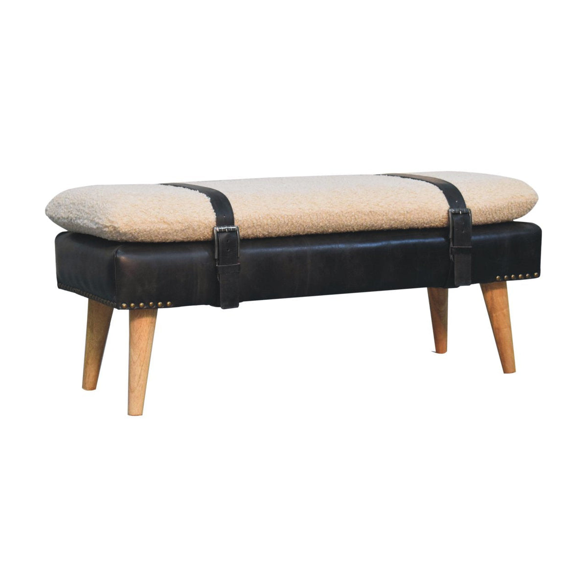 Bouclé Buffalo Hide Black Leather Bench – Oak-Ish Finish