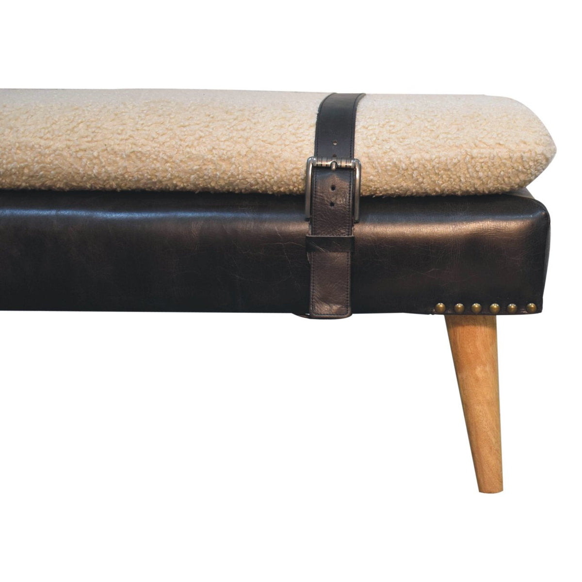 Bouclé Buffalo Hide Black Leather Bench – Oak-Ish Finish