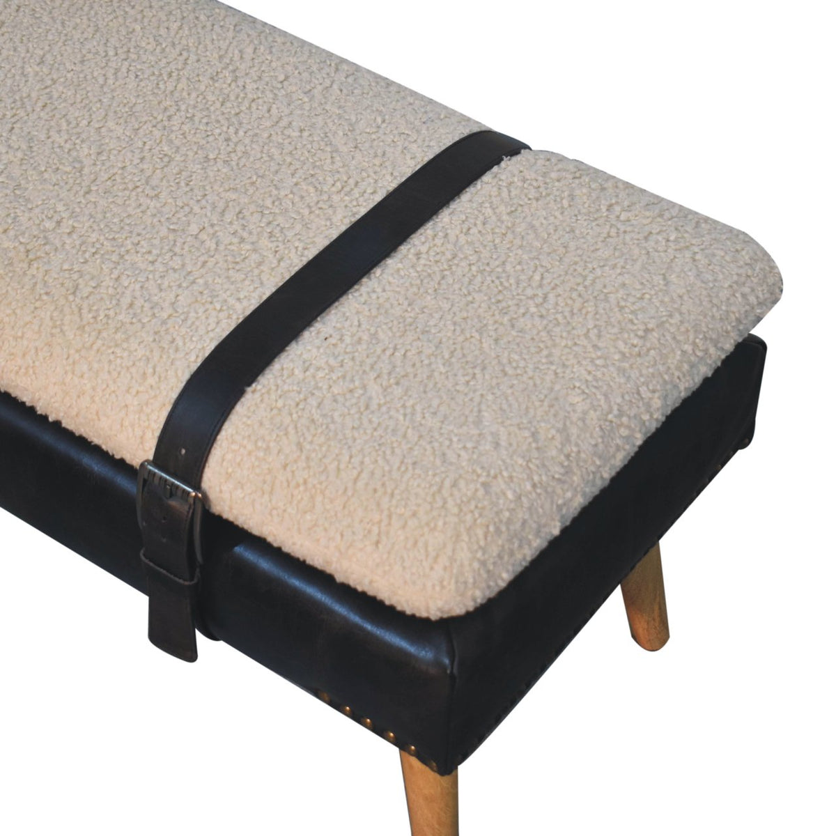 Bouclé Buffalo Hide Black Leather Bench – Oak-Ish Finish