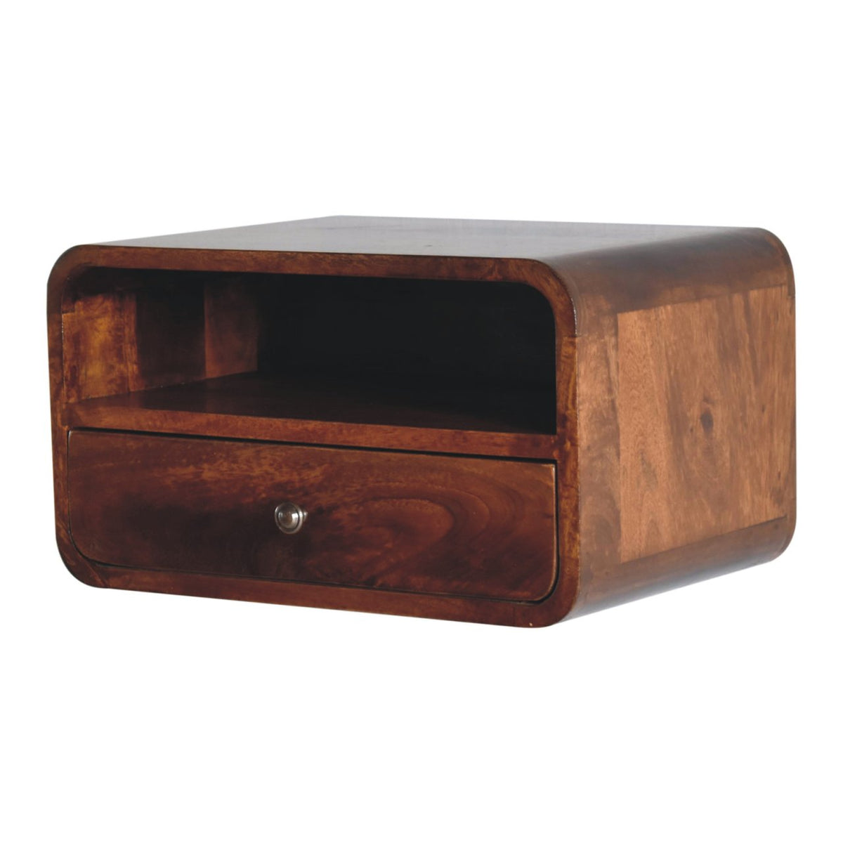 Large Curve Upper Slot Floating Solid Mango Wood Bedside Table – Chestnut Finish
