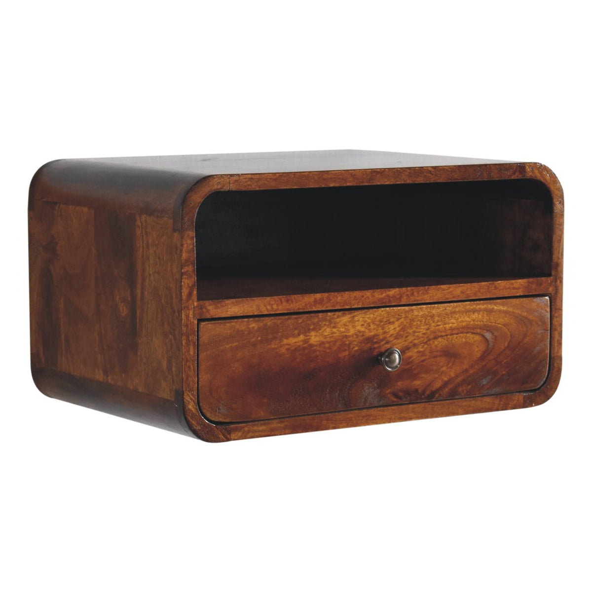 Large Curve Upper Slot Floating Solid Mango Wood Bedside Table – Chestnut Finish