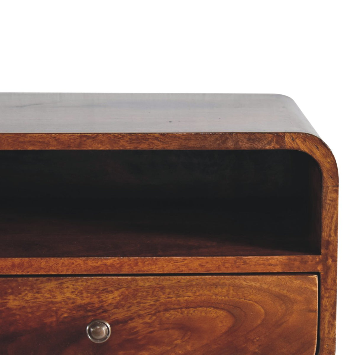 Large Curve Upper Slot Floating Solid Mango Wood Bedside Table – Chestnut Finish