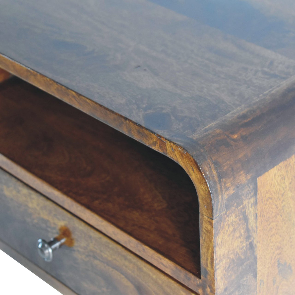 Large Curve Upper Slot Floating Solid Mango Wood Bedside Table – Chestnut Finish