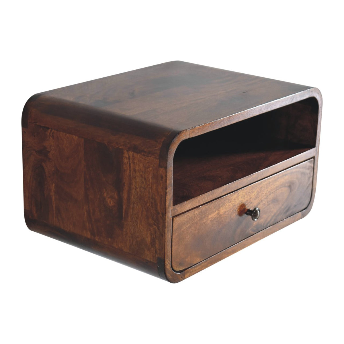 Large Curve Upper Slot Floating Solid Mango Wood Bedside Table – Chestnut Finish