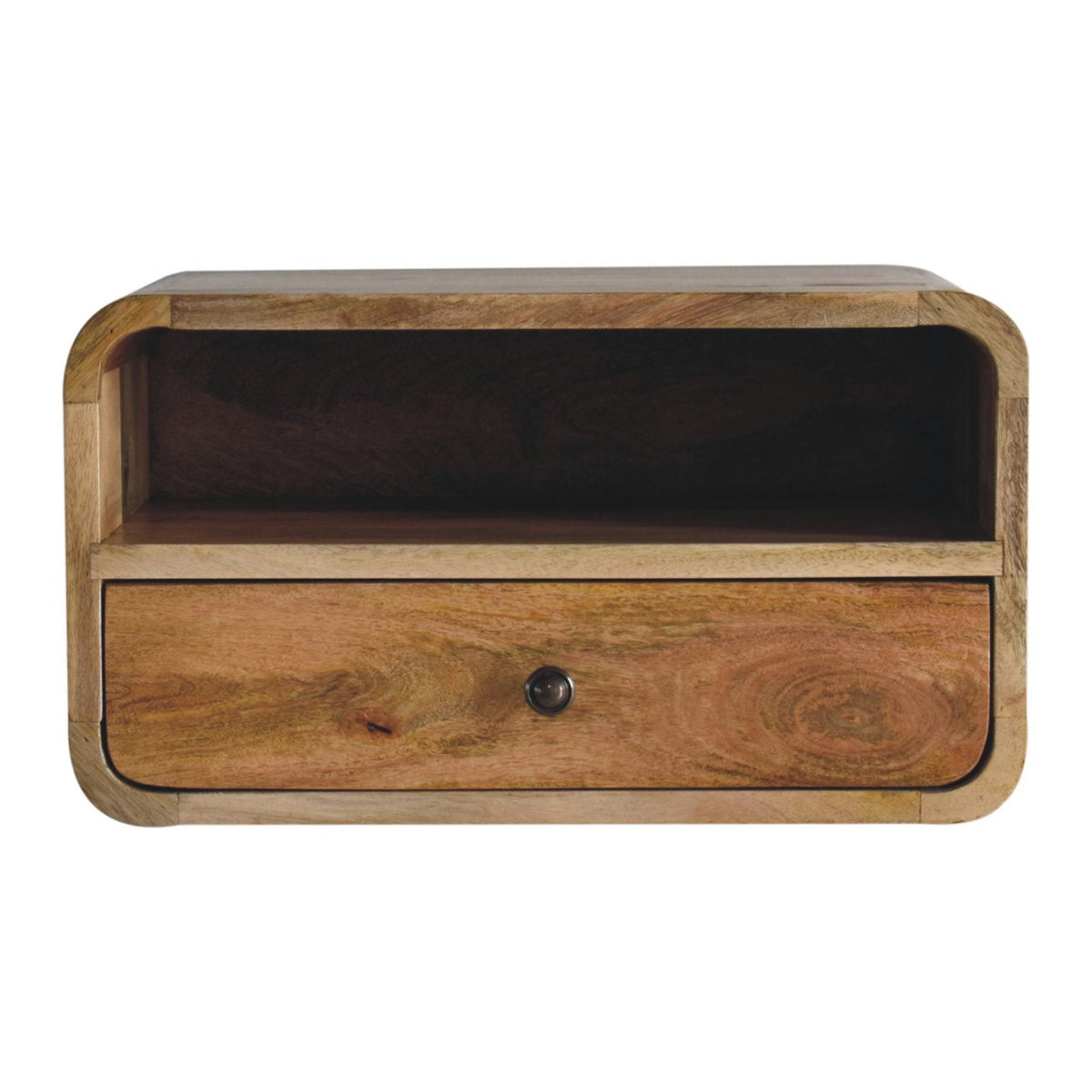 Solid Mango Wood Floating Nightstand – Oak-Ish Finish, Drawer and Open Shelf