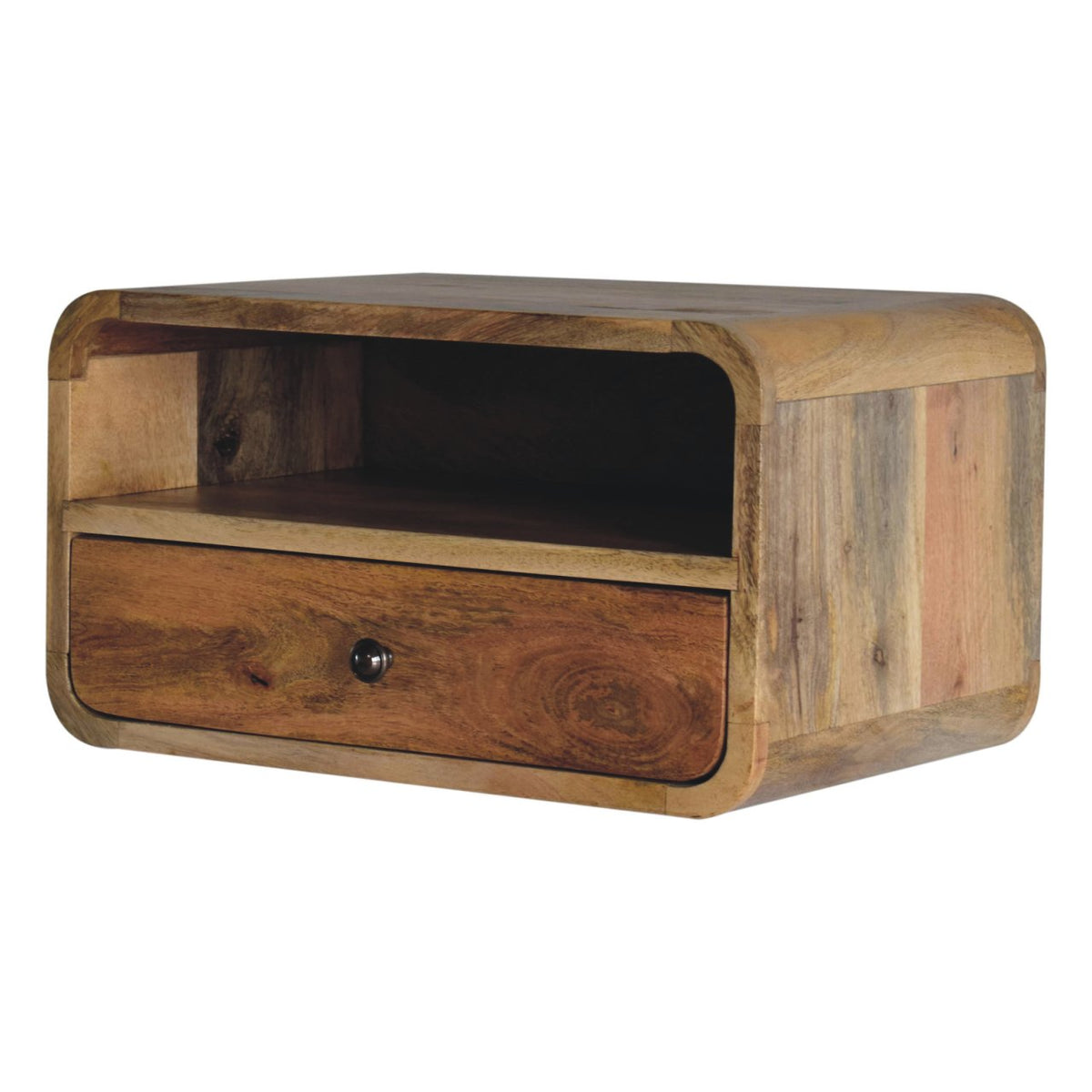 Solid Mango Wood Floating Nightstand – Oak-Ish Finish, Drawer and Open Shelf