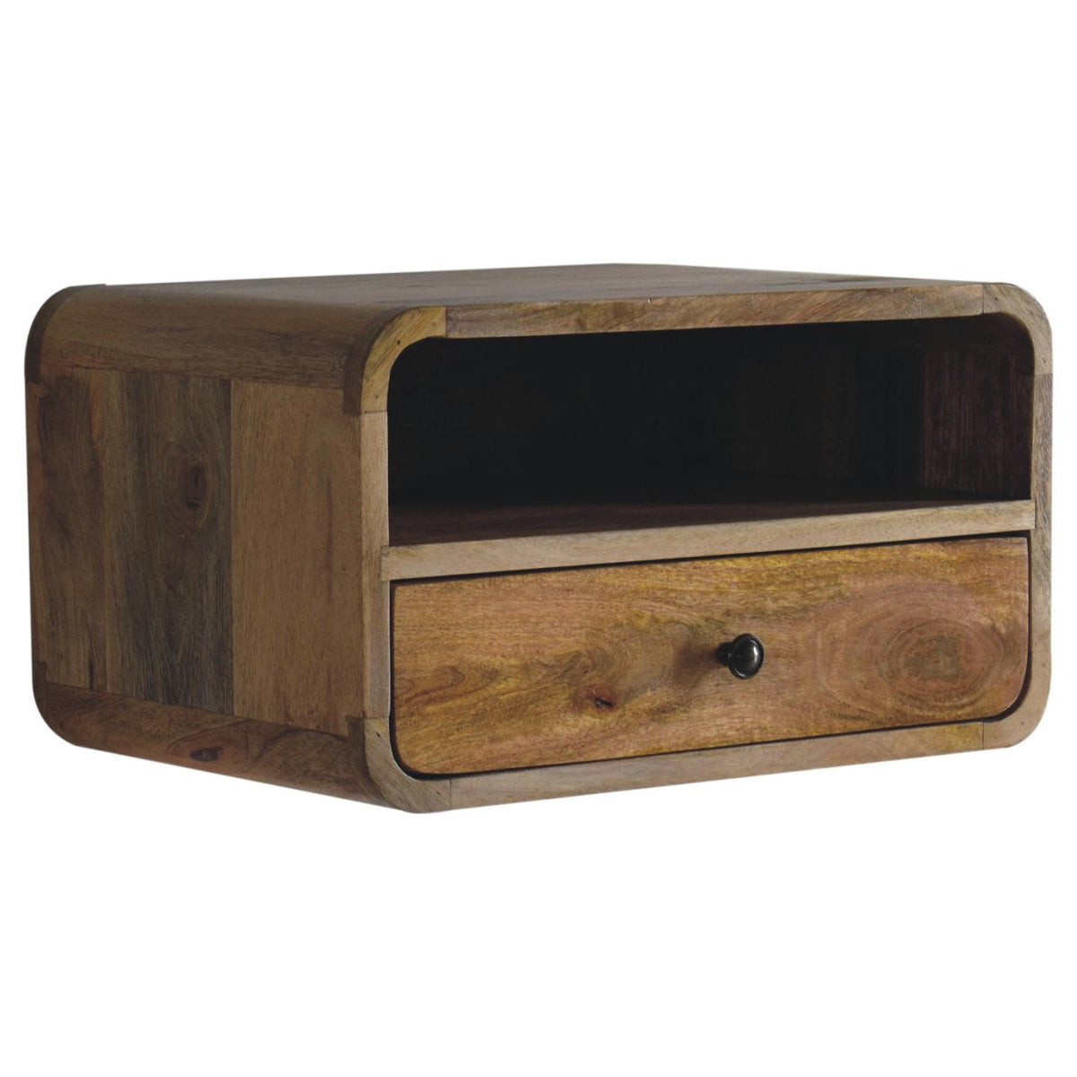Solid Mango Wood Floating Nightstand – Oak-Ish Finish, Drawer and Open Shelf