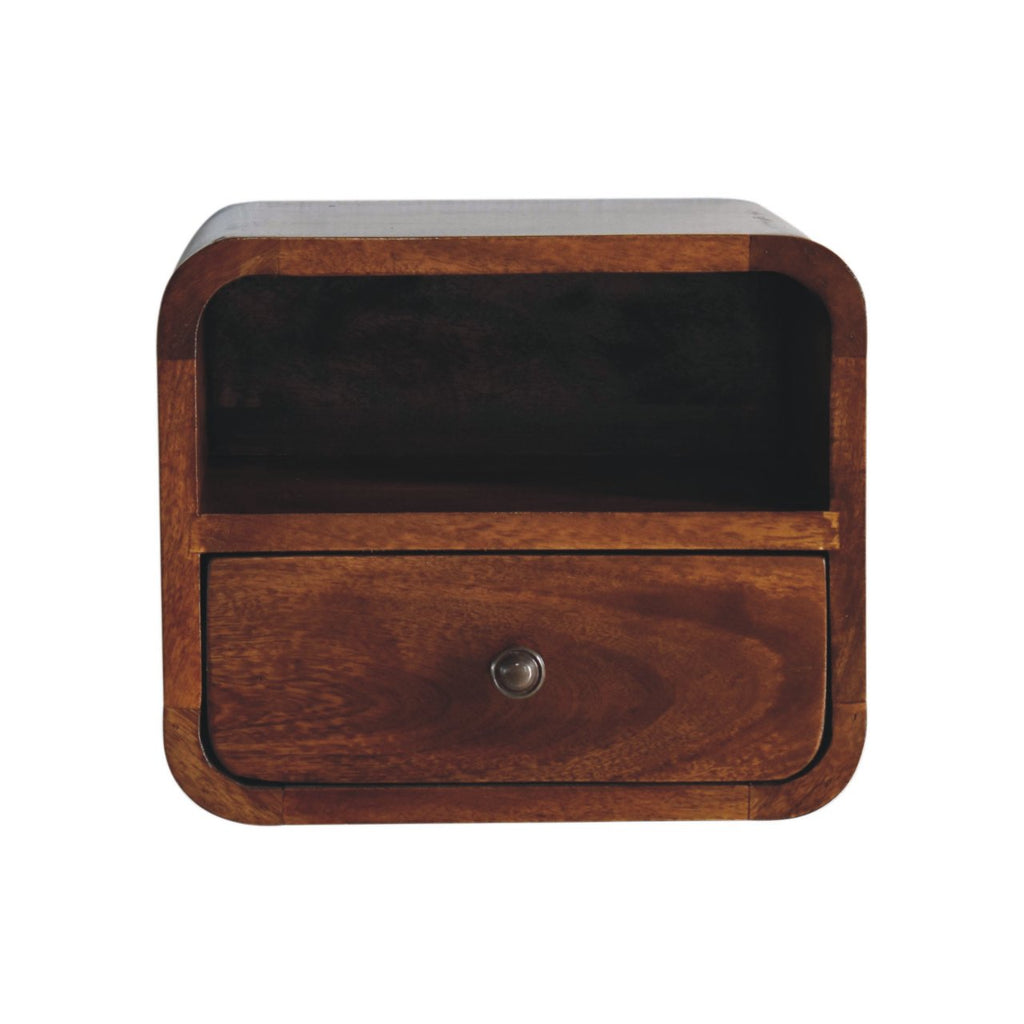 Extra-Mini Floating Solid Mango Wood Nightstand – Chestnut Finish, Drawer & Open Shelf