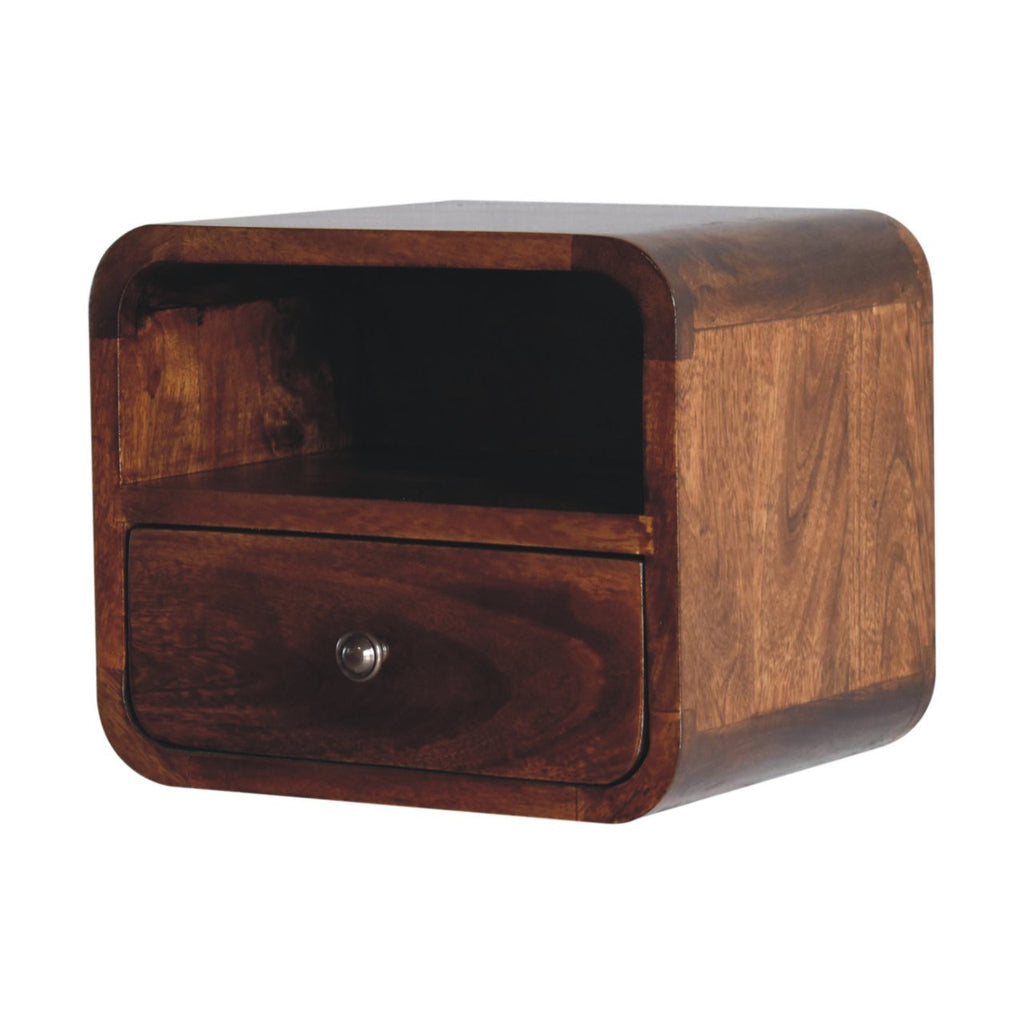 Extra-Mini Floating Solid Mango Wood Nightstand – Chestnut Finish, Drawer & Open Shelf