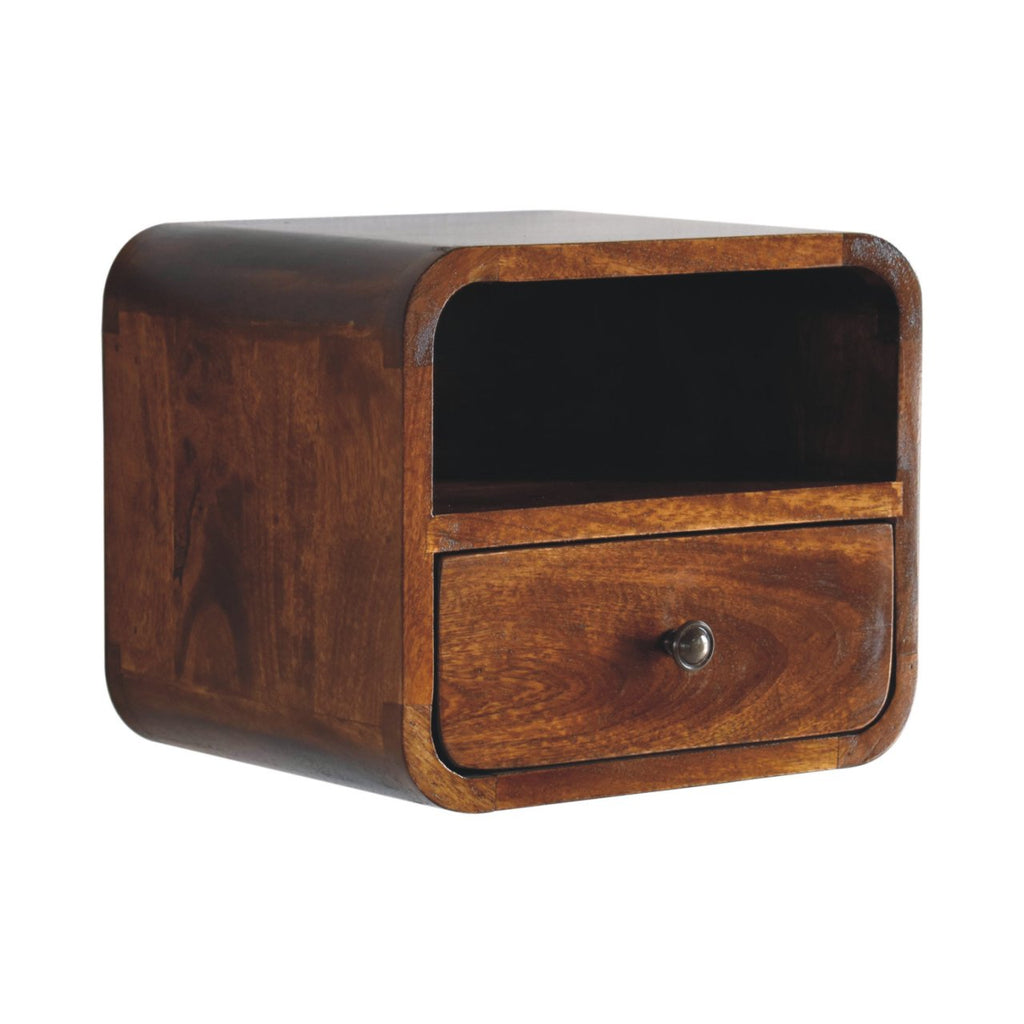Extra-Mini Floating Solid Mango Wood Nightstand – Chestnut Finish, Drawer & Open Shelf