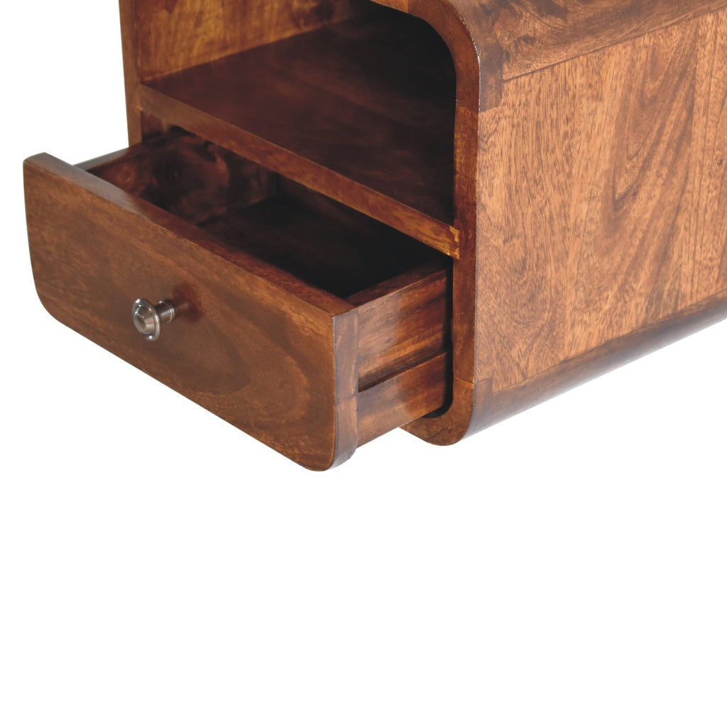 Extra-Mini Floating Solid Mango Wood Nightstand – Chestnut Finish, Drawer & Open Shelf