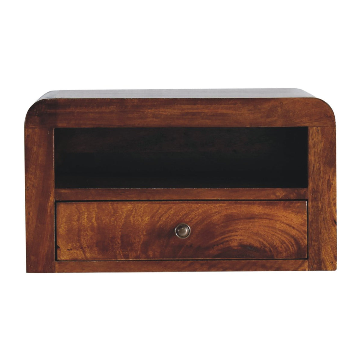 Chunky Floating Solid Mango Wood Nightstand – Chestnut Finish, Drawer & Open Shelf