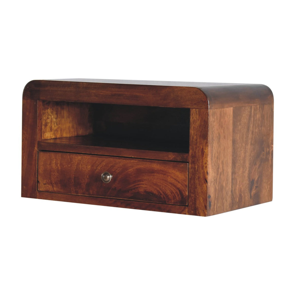 Chunky Floating Solid Mango Wood Nightstand – Chestnut Finish, Drawer & Open Shelf