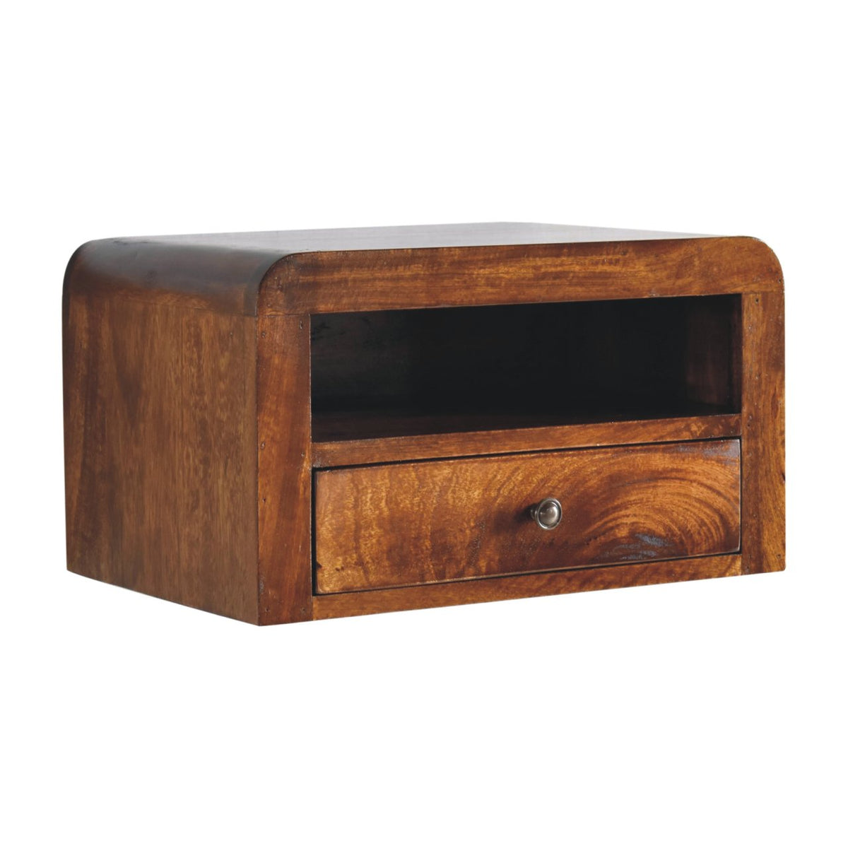 Chunky Floating Solid Mango Wood Nightstand – Chestnut Finish, Drawer & Open Shelf