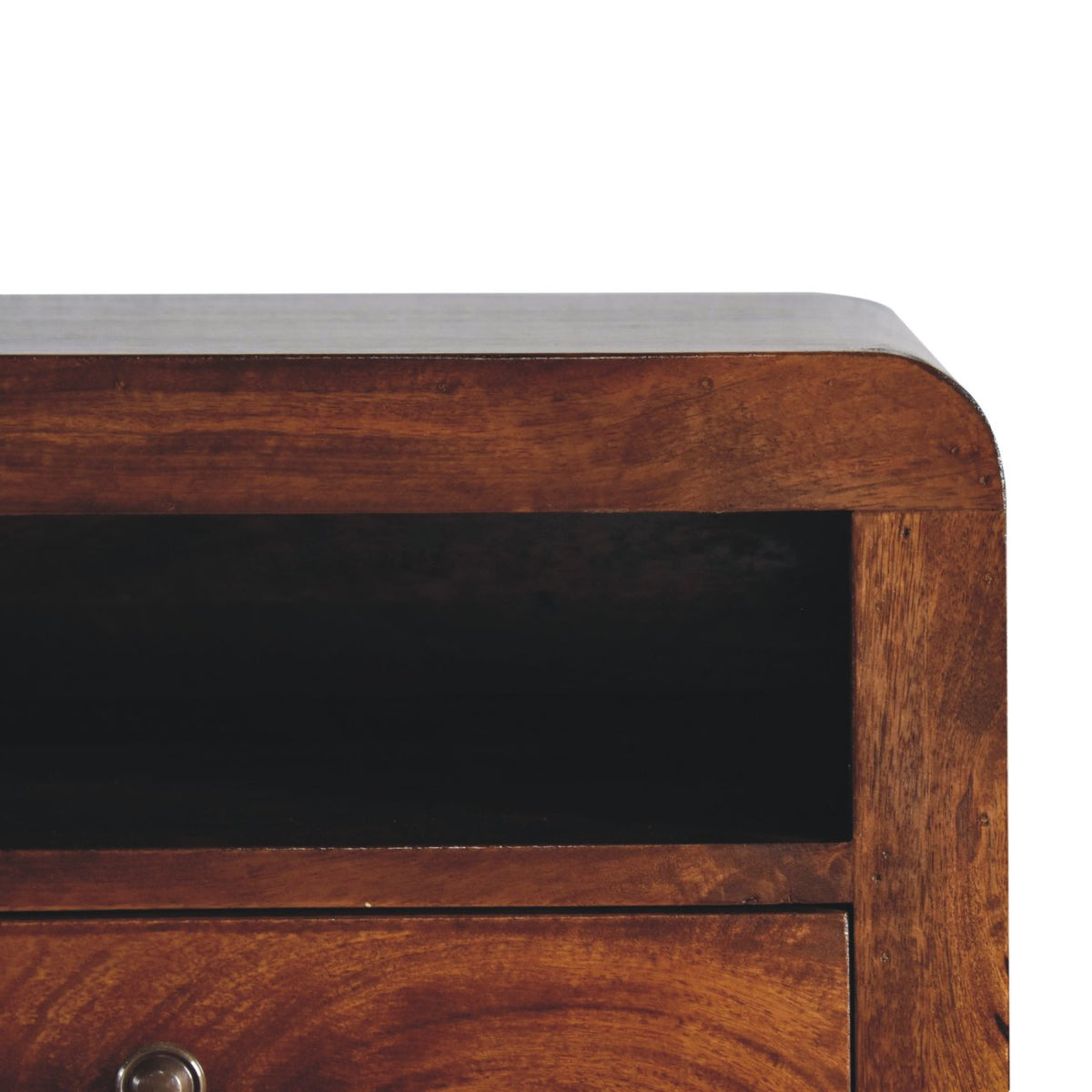 Chunky Floating Solid Mango Wood Nightstand – Chestnut Finish, Drawer & Open Shelf