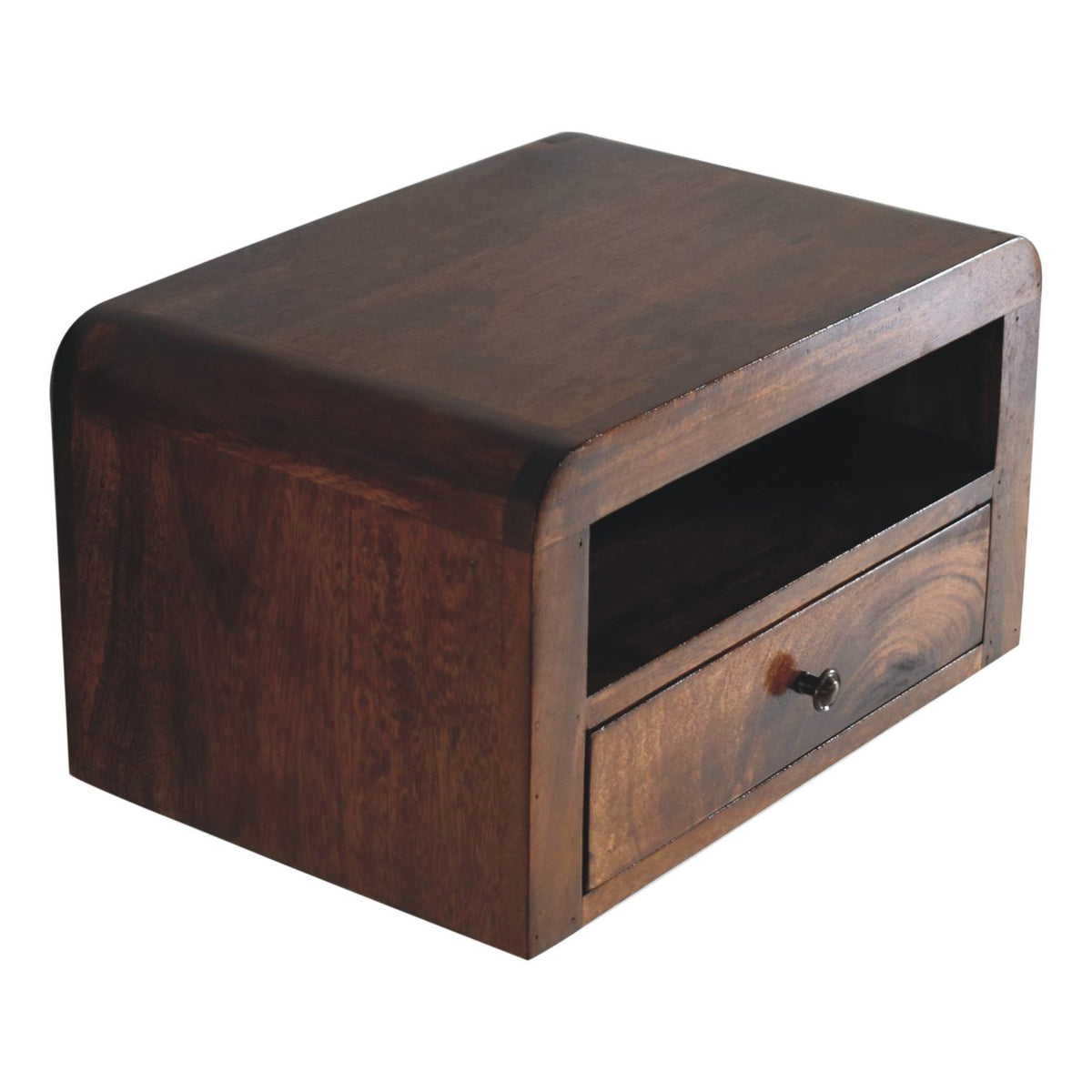 Chunky Floating Solid Mango Wood Nightstand – Chestnut Finish, Drawer & Open Shelf