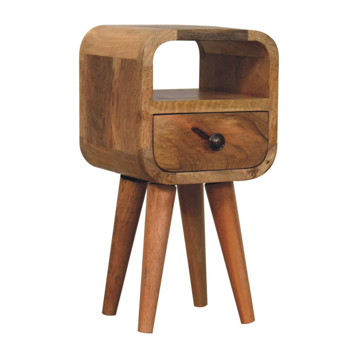 Extra Mini Curve Open Slot Solid Mango Wood Bedside Table – Oak-Ish Finish