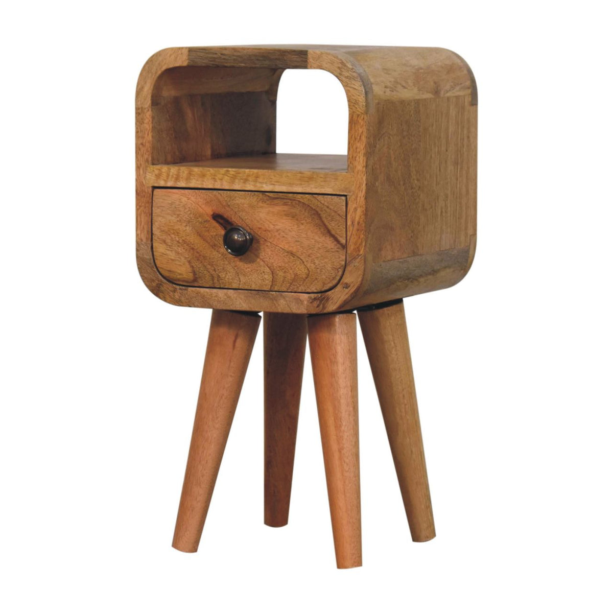 Extra Mini Curve Open Slot Solid Mango Wood Bedside Table – Oak-Ish Finish