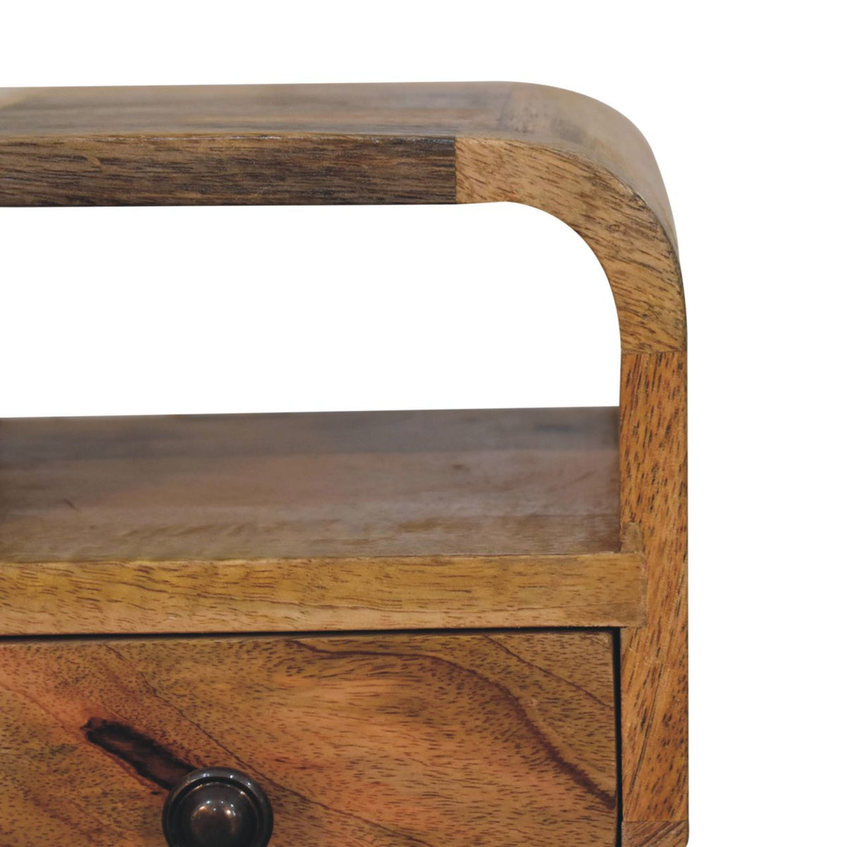 Extra Mini Curve Open Slot Solid Mango Wood Bedside Table – Oak-Ish Finish