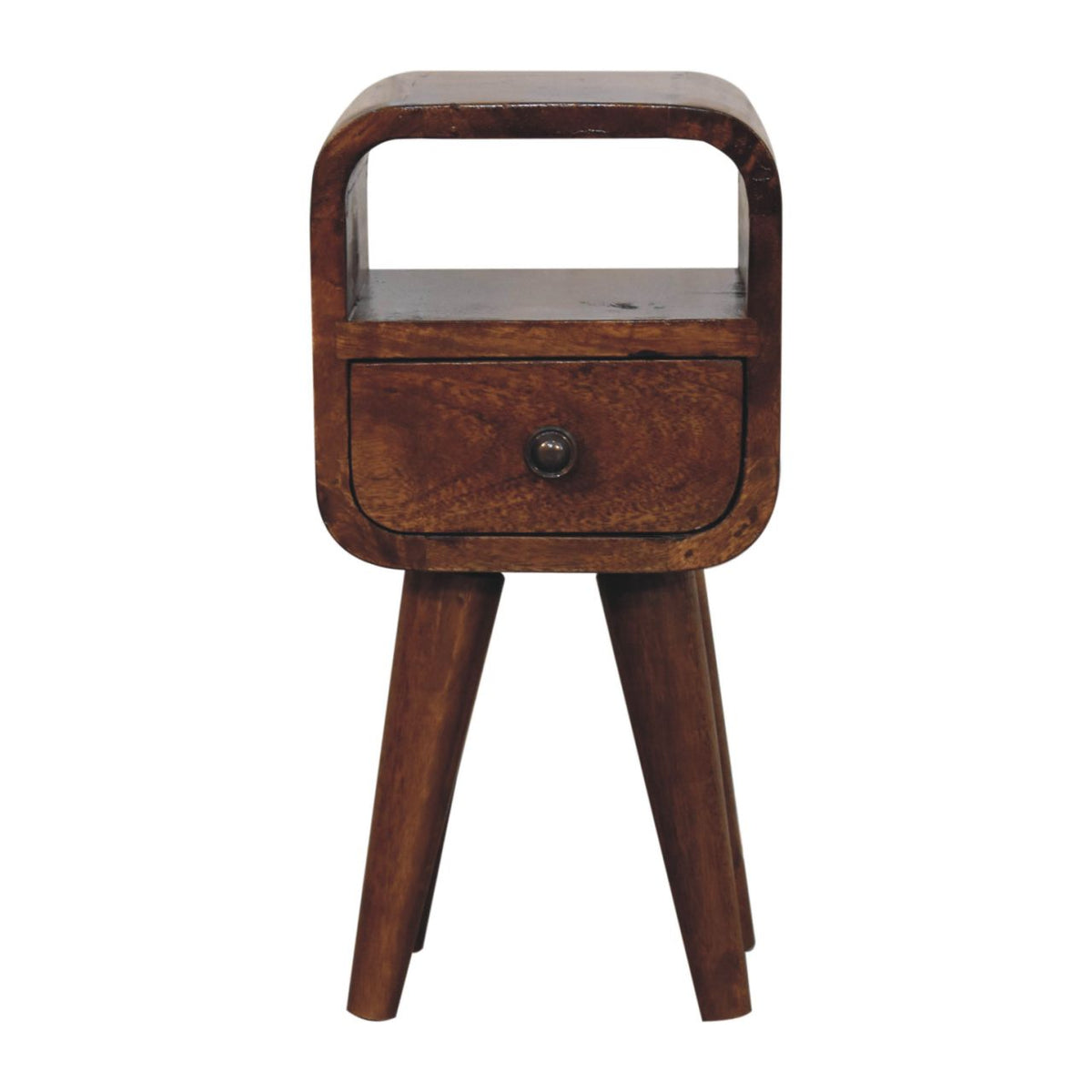 Extra Mini Curve Open Slot Solid Mango Wood Bedside Table – Chestnut Finish