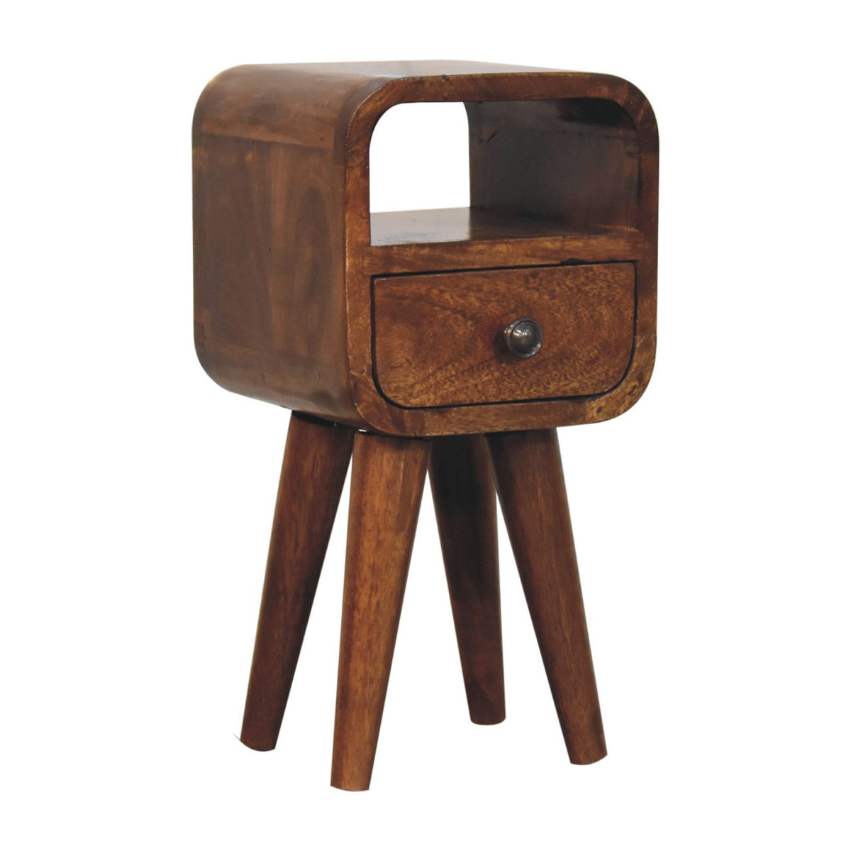 Extra Mini Curve Open Slot Solid Mango Wood Bedside Table – Chestnut Finish