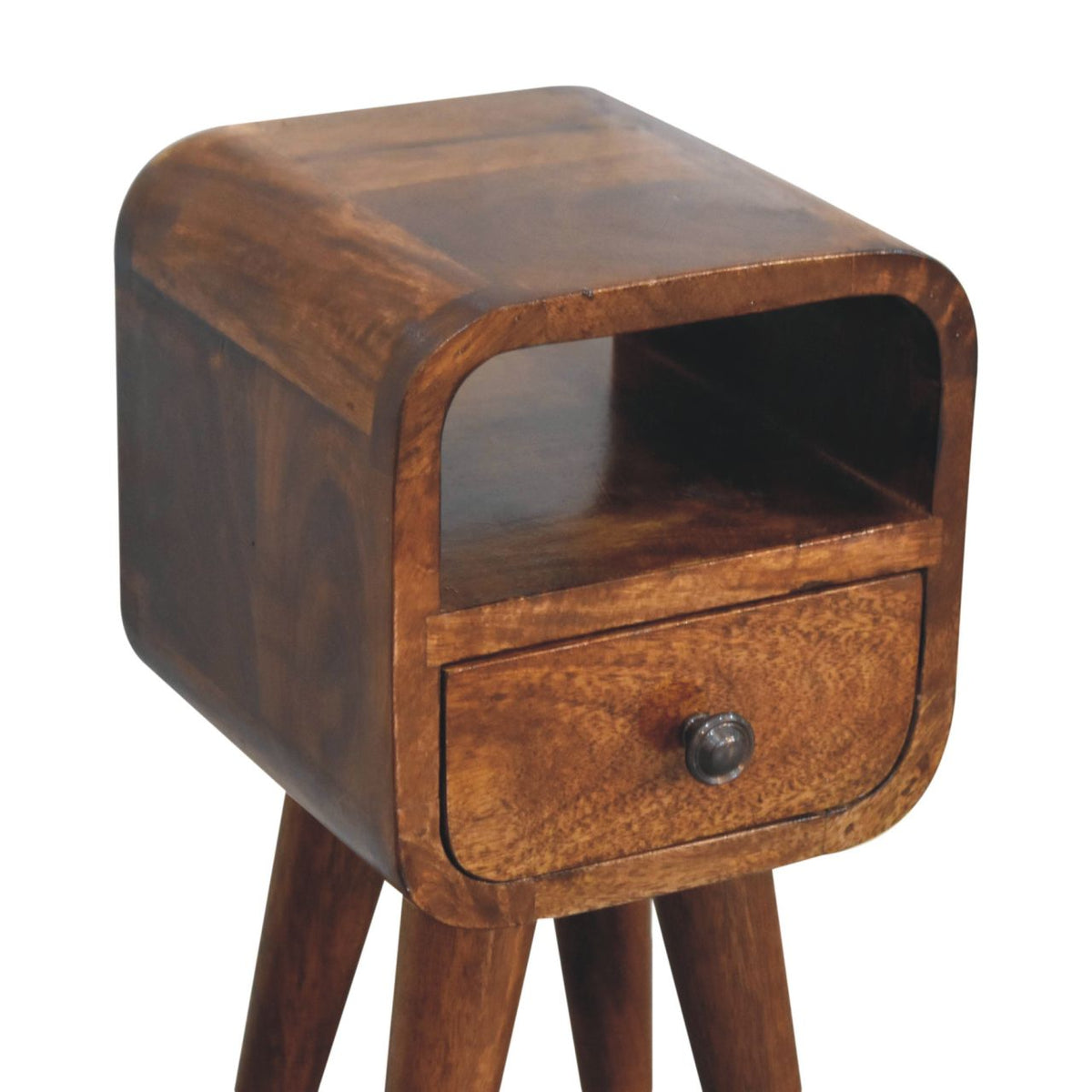 Extra Mini Curve Open Slot Solid Mango Wood Bedside Table – Chestnut Finish