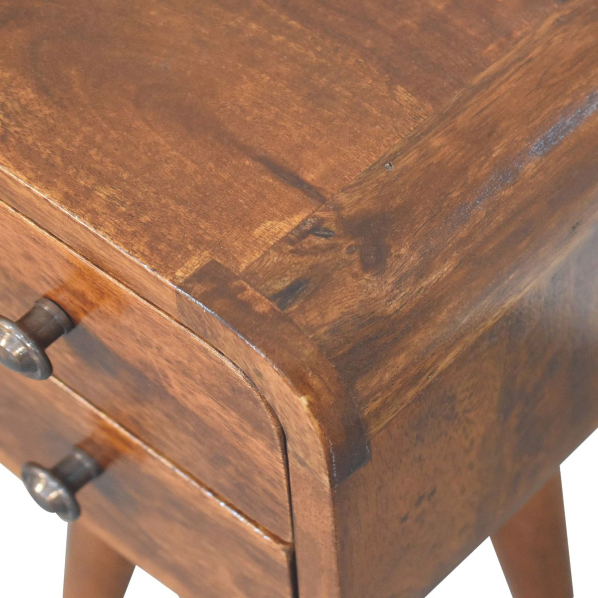 Extra Mini Curved Solid Mango Wood Bedside Table – Chestnut Finish