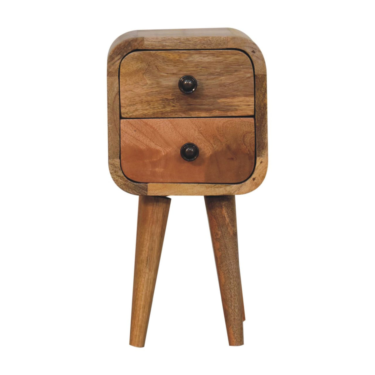 Extra-Mini Solid Mango Wood Nightstand – Oak-Ish Finish, Curved 2-Drawer Design