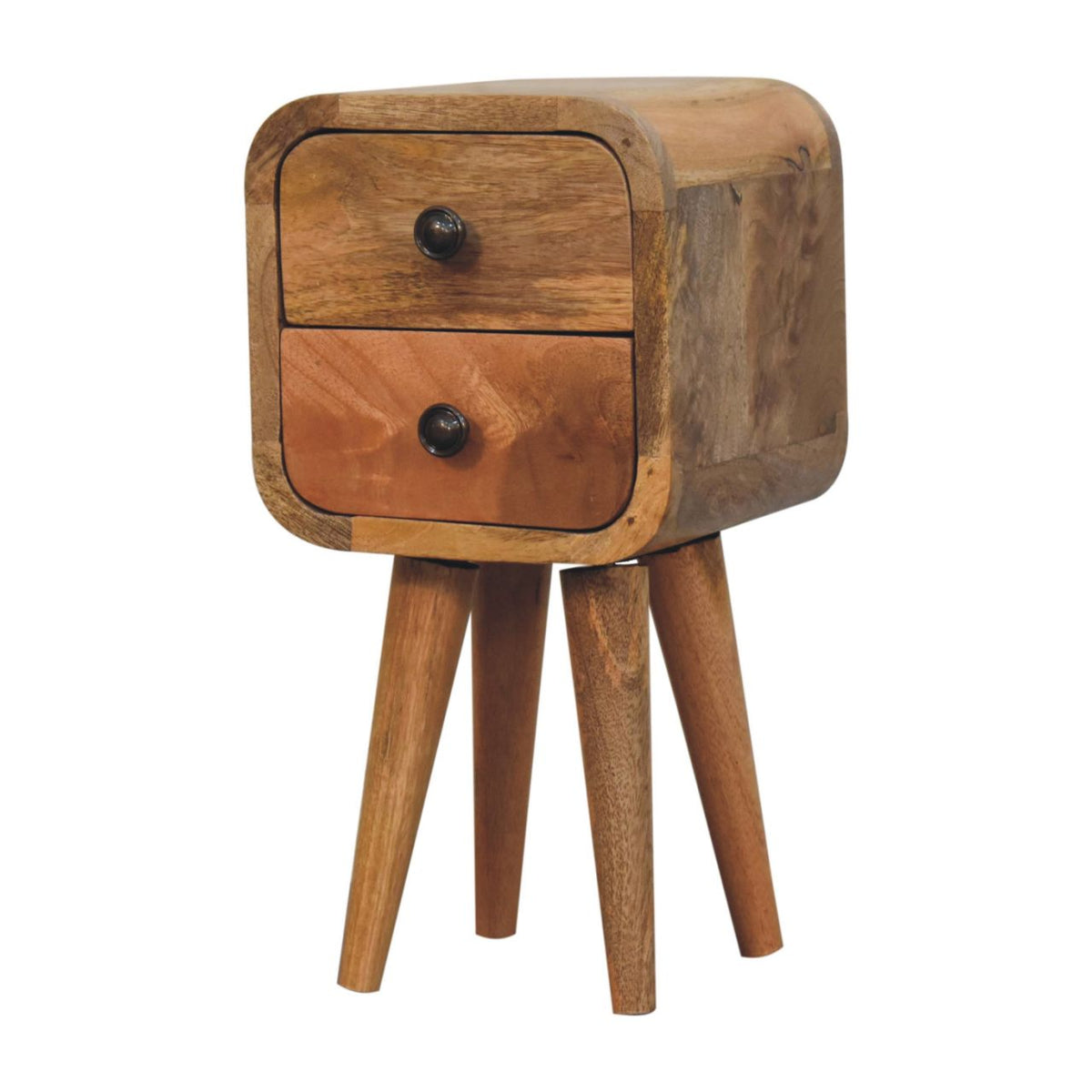 Extra-Mini Solid Mango Wood Nightstand – Oak-Ish Finish, Curved 2-Drawer Design