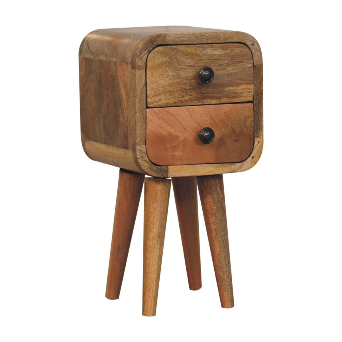 Extra-Mini Solid Mango Wood Nightstand – Oak-Ish Finish, Curved 2-Drawer Design