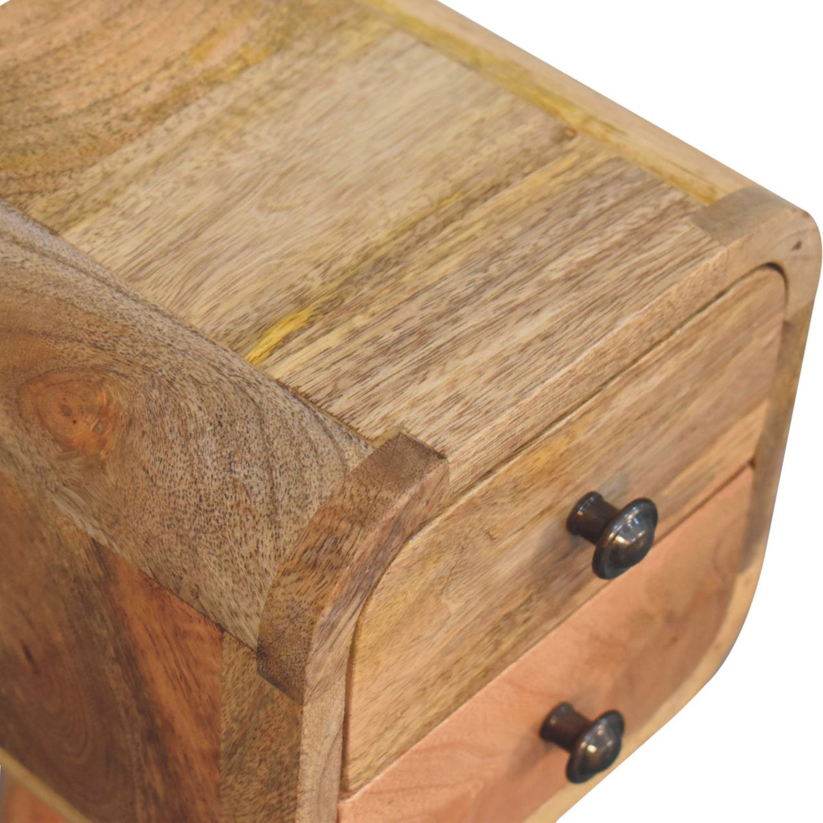 Extra-Mini Solid Mango Wood Nightstand – Oak-Ish Finish, Curved 2-Drawer Design