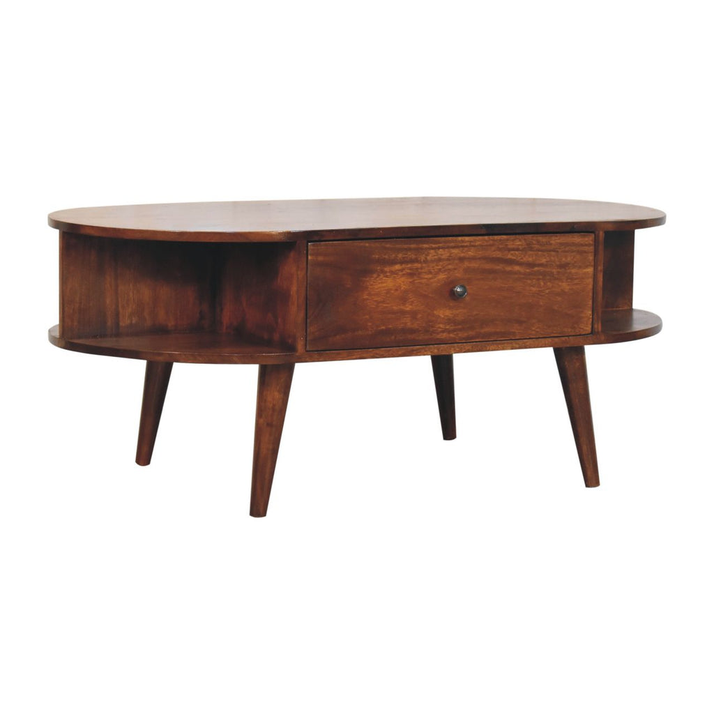 Oval Solid Wood Coffee Table with 2 Drawers – Chestnut Finish