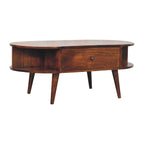 Oval Solid Wood Coffee Table with 2 Drawers – Chestnut Finish