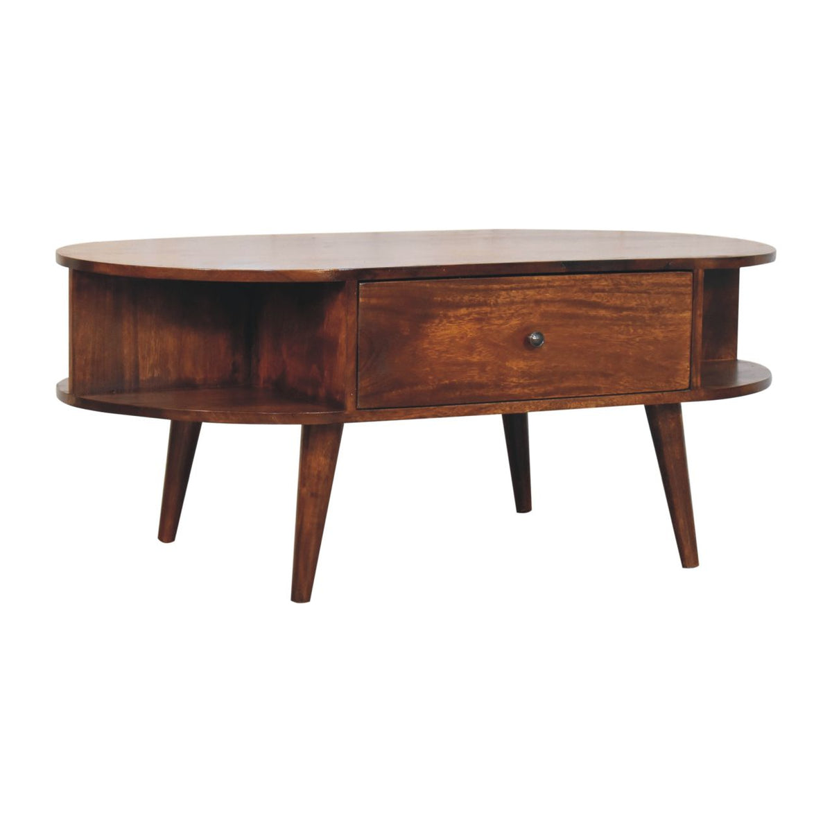 Oval Solid Wood Coffee Table with 2 Drawers – Chestnut Finish